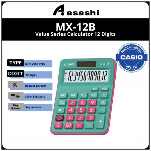 Casio MX-12B 12 Digits Calculator - Green/Red (12months Warrany) MUST KEEP BOX FOR WARRANTY