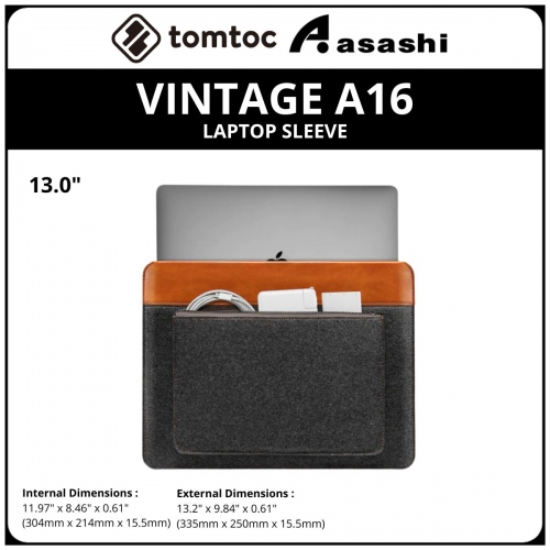 Tomtoc A16C2Y1 (Grey) VINTAGE A16 13inch Laptop Sleeve (MACBOOK)