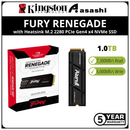Kingston Fury Renegade with Heatsink 1TB M.2 2280 PCIE Gen4 x4 NVMe SSD (Up to 7300MB/s Read Speed & 6000MB/s Write Speed)
