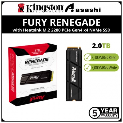 Kingston Fury Renegade with Heatsink 2TB M.2 2280 PCIE Gen4 x4 NVMe SSD (Up to 7300MB/s Read Speed & 6000MB/s Write Speed)