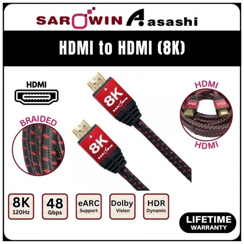 Sarowin 8K HDMI Cable (3.0M) 4K/120Hz (V2.1), 48Gbps, Gold Plated
