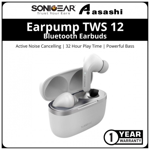 Sonic Gear Earpump TWS 12 (White) Active Noise Cancelling Bluetooth Earbuds | 32 Hour Play Time | Powerful Bass