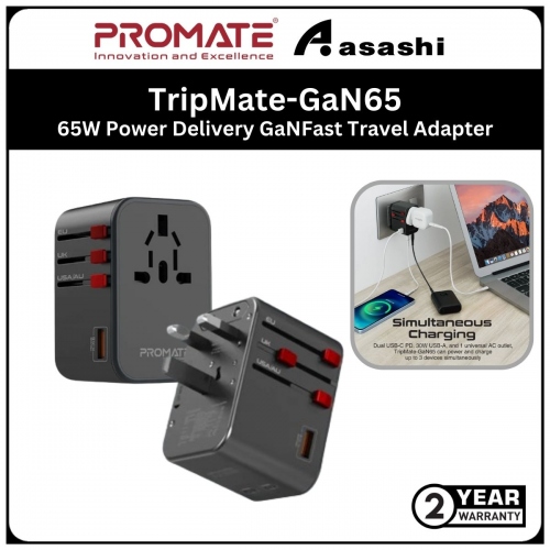 Promate TripMate-GaN65 GaNFast™ Travel Adapter with 65W Power Delivery Dual USB-C (2yrs manufacture limited warranty)