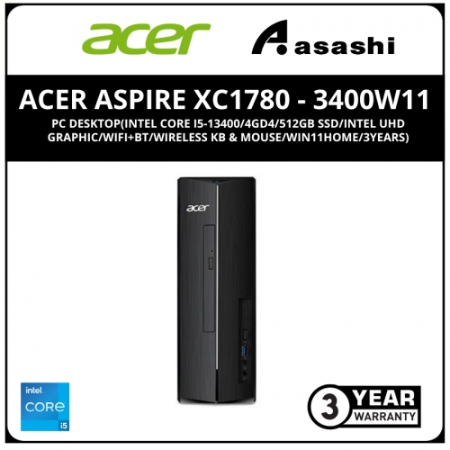 Acer Aspire XC1780-13400W11 PC Desktop(Intel Core i5-13400/4GD4/512GB SSD/Intel UHD Graphic/Wifi+BT/Wireless KB & Mouse/Win11Home/3years)