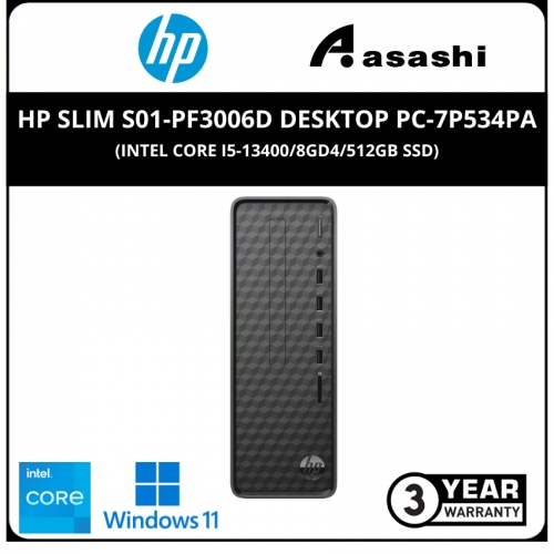 HP Slim S01-pF3006d Desktop PC-7P534PA-(Intel Core i5-13400/8GD4/512GB SSD/Intel UHD Graphic/No-DVDRW/WiFi+BT/USB KB & Mouse/Office H&S/Win11Home/3Yrs)