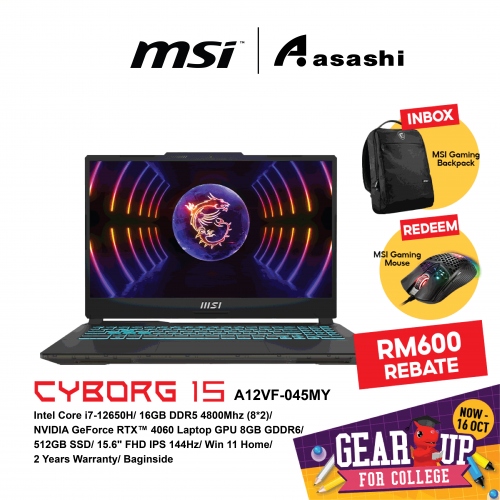 MSI Cyborg 15 A12VF-045MY Gaming Notebook (Intel Core i7-12650H/16GB DDR5 4800Mhz (8*2)/512GB SSD/NVIDIA GeForce RTX™ 4060 Laptop GPU 8GB GDDR6/15.6