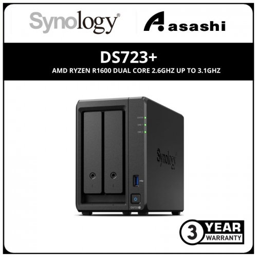 Synology DS723+ 2-Bay NAS Storage (AMD Ryzen R1600 Dual Core 2.6Ghz up to 3.1GHz, 2GB DDR4 ECC , 2 x GbE)