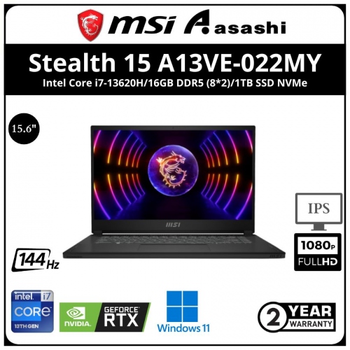 MSI Stealth 15 A13VE-022MY Gaming Notebook-(Intel Core i7-13620H/16GB DDR5 (8*2)/1TB SSD NVMe/Nvidia RTX4050 6GD5/15.6