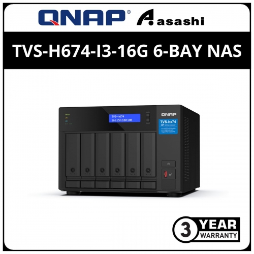 Qnap TVS-h674-i3-16G 6-Bay NAS System (Intel® Core™ i3-12100 4-core/8-thread Processor, burst up to 4.3 GHz, 16GB(Extra 1 slot), 3 x USB 3.2 Gen2(1 x Type-C, 2 x Type-A) , 2 x 2.5GbE)