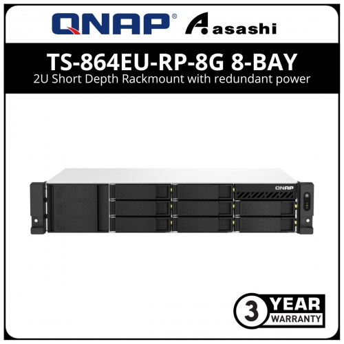 Qnap TS-864eU-RP-8G 8-Bay 2U Short Depth Rackmount with redundant power (Intel® Celeron® N5095 4-core/4-thread processor, burst up to 2.9 GHz, 8GB , 2 x 2.5 GbE, 2 x USB 3.2 Gen2, 2 x USB 2.0)