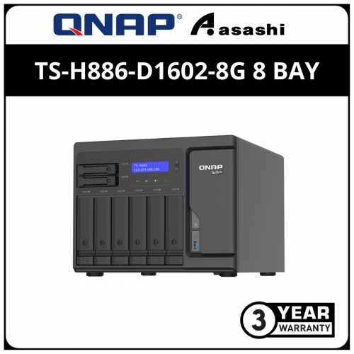 QNAP QuTS Hero Edition TS-h886-D1602-8G 8 Bay Diskless Rackmount NAS(Intel® Xeon® D-1602 2-core/4-thread processor, up to 3.2 GHz, 8GB DDR4 ECC RAM , 4 X 2.5GBE, 3 x USB 3.2 Gen1)