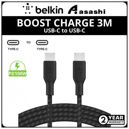 Belkin CAB014bt3MBK BOOST CHARGE Braided USB-C to USB-C PD100W Cable (3M,Black)