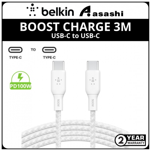 Belkin CAB014bt3MWH BOOST CHARGE Braided USB-C to USB-C PD100W Cable (3M,White)
