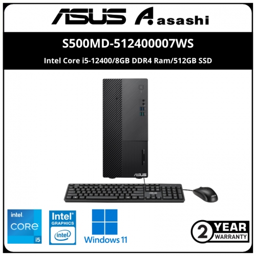 ASUS S500MD-512400007WS MT Desktop - (Intel Core i5-12400/8GB DDR4 Ram/512GB SSD/Intel UHD Graphics/No ODD/Wifi+BT/Wired Key&Mouse/Win 11 Home/Office Home & Student/3yr Onsite)