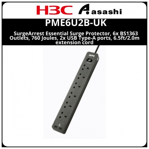 APC PME6U2B-UK SurgeArrest Essential Surge Protector, 6x BS1363 Outlets, 760 Joules, 2x USB Type-A ports, 6.5ft/2.0m extension cord