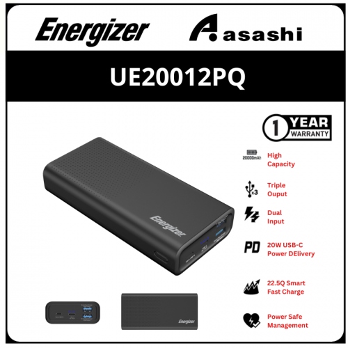Energizer UE20012PQ (Black) High Capacity 20000mah Fast Charging Dual USB 22.5w Power Bank (1 yrs Limited Hardware Warrranty)