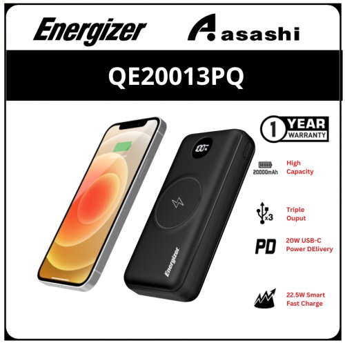 Energizer QE20013PQ (Black) High Capacity 20000mah Power Bank with Wireless Charging (1 yrs Limited Hardware Warrranty)