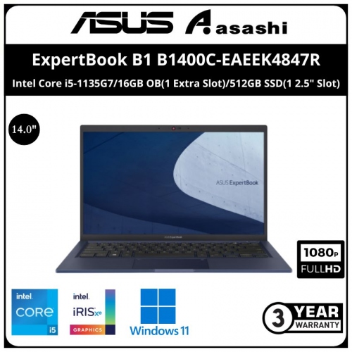 Asus ExpertBook B1 Commercial Notebook-B1400C-EAEEK4847R-(Intel Core i5-1135G7/16GB OB(1 Extra Slot)/512GB SSD(1 2.5