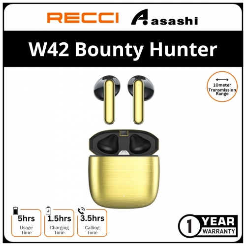 Recci W42 Bounty Hunter TWS Wireless Earphone - Gold 1Y