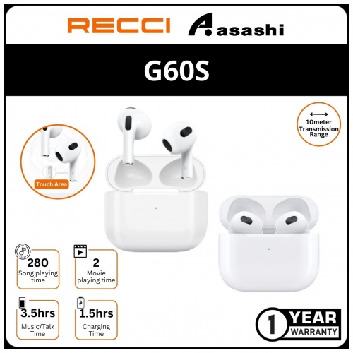 Recci G60S TWS Wireless Earphone - White 1Y