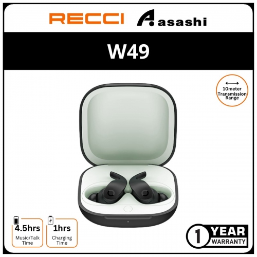 Recci W49 Comfortable FIT Wings TWS Wireless Earphone - Black 1Y