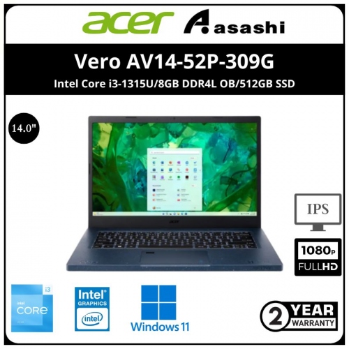 Acer Vero AV14-52P-309G Notebook (Intel Core i3-1315U/8GB DDR4L OB/512GB SSD/Intel® Iris® UHD Graphics/14