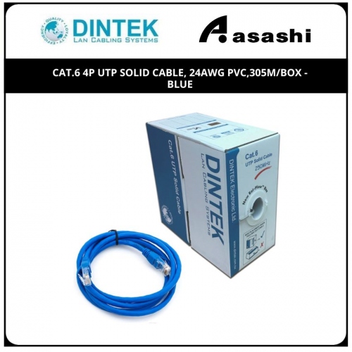 Dintek Cat.6 4P UTP Solid Cable, 24AWG PVC,305M/box - Blue