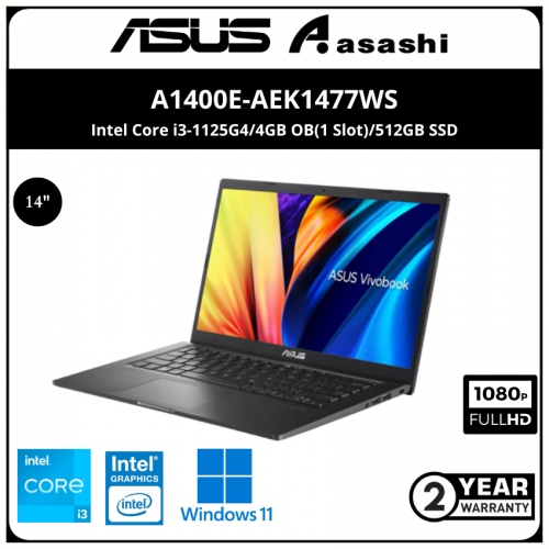 Asus A1400E-AEK1477WS Notebook (Intel Core i3-1125G4/4GB OB(1 Slot)/512GB SSD/Intel UHD Graphic/14