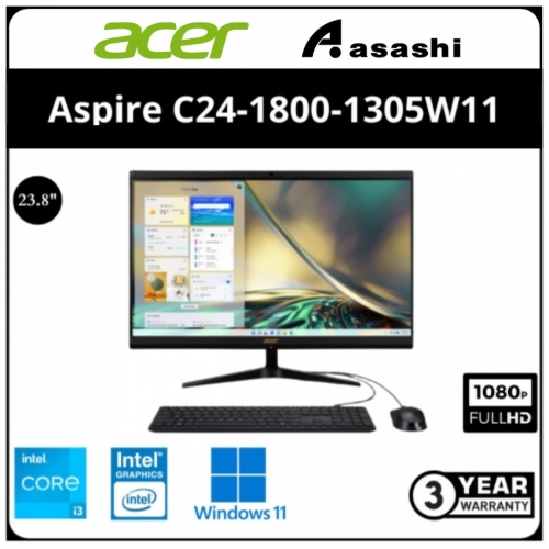 Acer Aspire C24-1800-1305W11 AiO Desktop PC (Intel Core i3-1305U/8GD4(1 Extra Slot)/512GB SSD/23.8