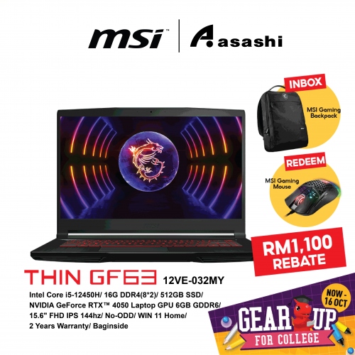 MSI Thin GF63 12VE-032MY Gaming Notebook-(Intel Core i5-12450H/16G DDR4(8*2)/512GB SSD/NVIDIA GeForce RTX™ 4050 Laptop GPU 6GB GDDR6/15.6