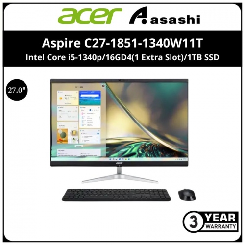 Acer Aspire C27-1851-1340W11T AiO Desktop PC (Intel Core i5-1340p/16GD4(1 Extra Slot)/1TB SSD/27