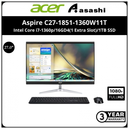 Acer Aspire C27-1851-1360W11T AiO Desktop PC (Intel Core i7-1360p/16GD4(1 Extra Slot)/1TB SSD/27