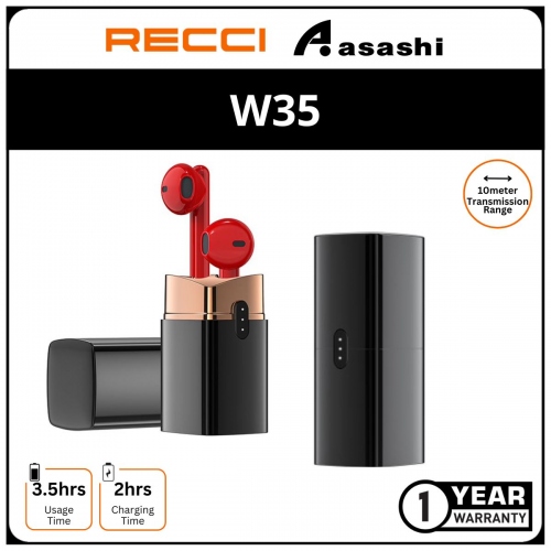 Recci W35 (Black) Lipstick Wireless Earphone - 1Y