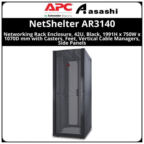 APC NetShelter SX, Networking Rack Enclosure, 42U, Black, 1991H x 750W x 1070D mm with Casters, Feet, Vertical Cable Managers, Side Panels (AR3140)