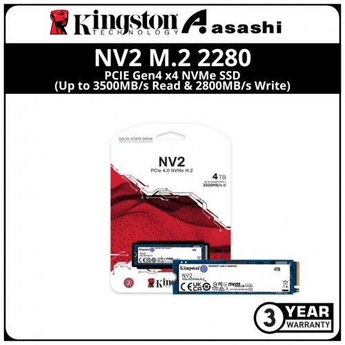 Kingston NV2 4TB M.2 2280 PCIE Gen4 x4 NVMe SSD (Up to 3500MB/s Read & 2800MB/s Write)