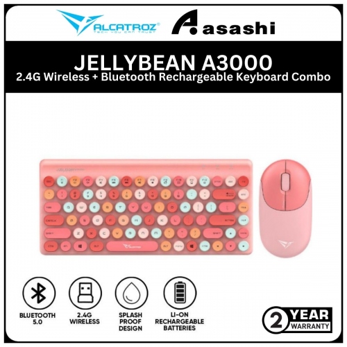 Alcatroz JELLYBEAN A3000-Crayon Pink 2.4G Wireless + Bluetooth Rechargeable Keyboard Combo