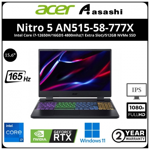 Acer Nitro 5 AN515-58-777X Notebook (Intel Core i7-12650H/16GD5 4800mhz(1 Extra Slot)/512GB NVMe SSD(1 Sata 2.5