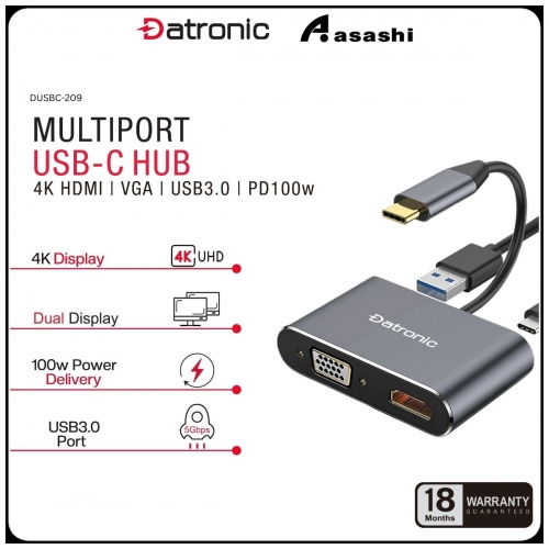 Datronic DUSBC-209 4in1 USB-C to HDMI / VGA / USB3.0 / 100wPD - 18Months Warranty