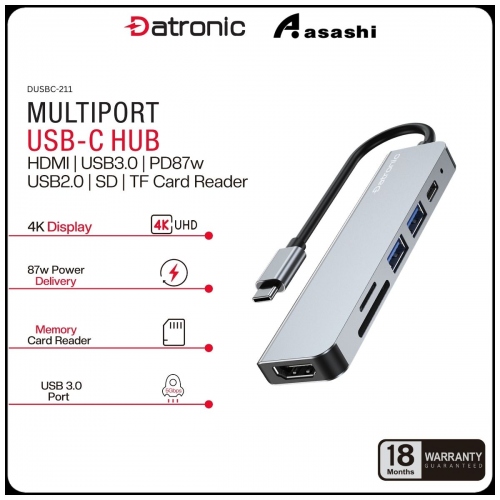 Datronic DUSBC-211 6in1 USB-C to HDMI / USB3.0 / USB2.0 / SD / TF / 87wPD - 18Months Warranty