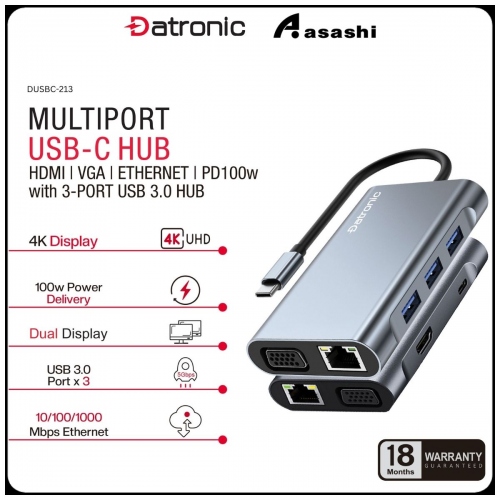 Datronic DUSBC-213 7in1 USB-C to HDMI / VGA / USB3.0 x 3 / 100wPD / 1000mbps RJ45 - 18Months Warranty