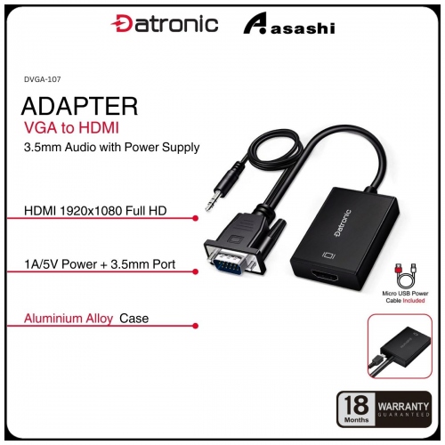 Datronic DVGA-107 VGA to HDMI with Audio+Power Adapter - 18Months Warranty