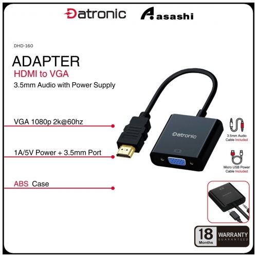 Datronic DHD-160 HDMI to VGA with Audio+Power Adapter - 18Months Warranty