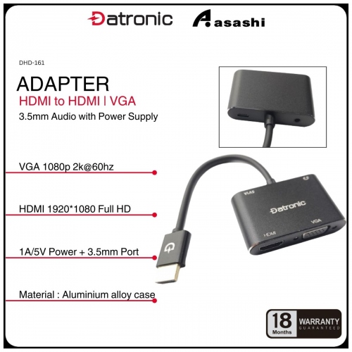 Datronic DHD-161 HDMI to VGA / HDMI with Audio+Power Adapter - 18Months Warranty