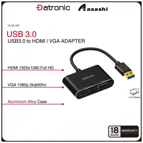 Datronic DUSB-180 USB3.0 to HDMI / VGA Adapter - 18Months Warranty