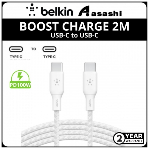 Belkin CAB014bt2MWH BOOST CHARGE Braided USB-C to USB-C PD100W Cable (2M,White)