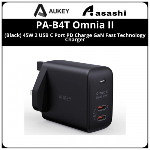 AUKEY PA-B4T Omnia ll 45W 2 USB C Port PD Charge GaN Fast Technology Charger - Black