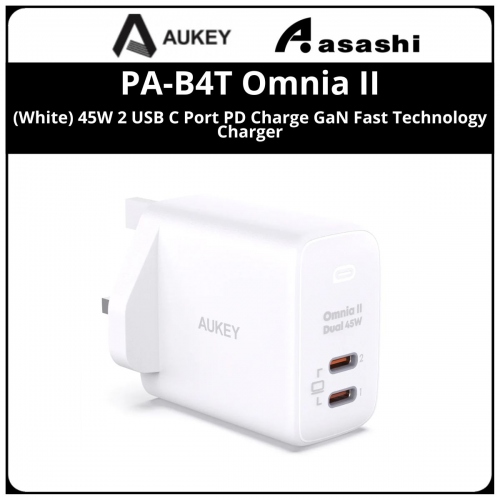 AUKEY PA-B4T Omnia ll 45W 2 USB C Port PD Charge GaN Fast Technology Charger - White
