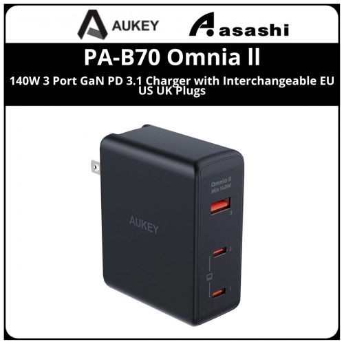 AUKEY PA-B7O Omnia II Mix 140W 3 Port GaN PD 3.1 Charger with Interchangeable EU US UK
Plugs