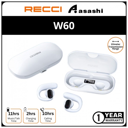 Recci W60 TWS Earphone BT V5.3 - Ergonomic Hanging Ear Design