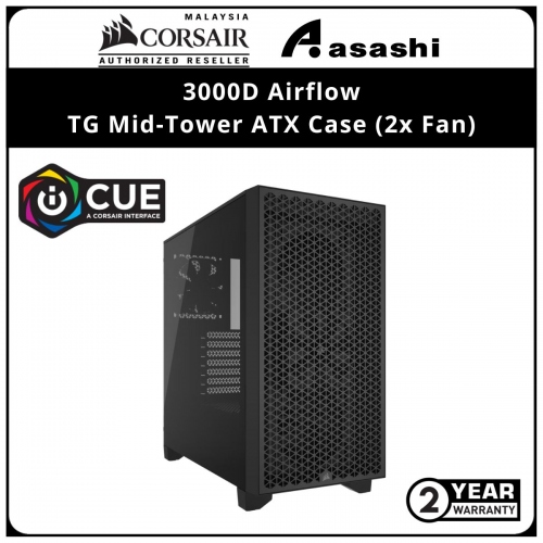 Corsair 3000D Airflow (BLACK) TG Mid-Tower ATX Case (2x Fan)